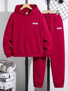 SHEIN 男大童字母貼布加絨內裏連帽衫和運動褲 - 酒紅色 - 查看 1
