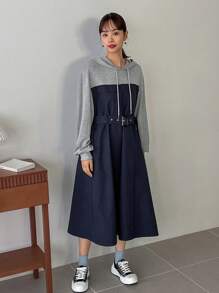 FRIFUL 女式拼色连帽运动衫连衣裙（带抽绳）秋季服装 - 藏蓝色 - 查看 1