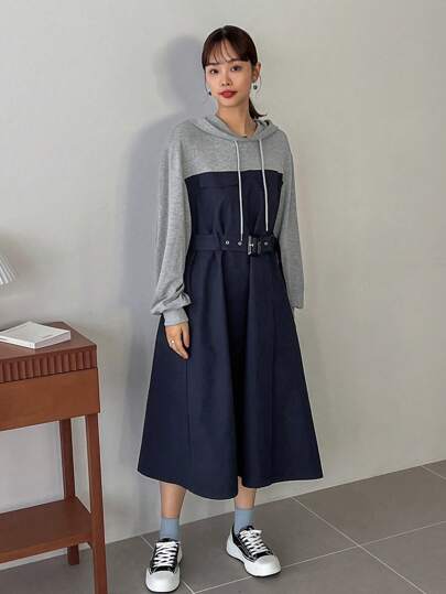 FRIFUL 女式拼色连帽运动衫连衣裙（带抽绳）秋季服装