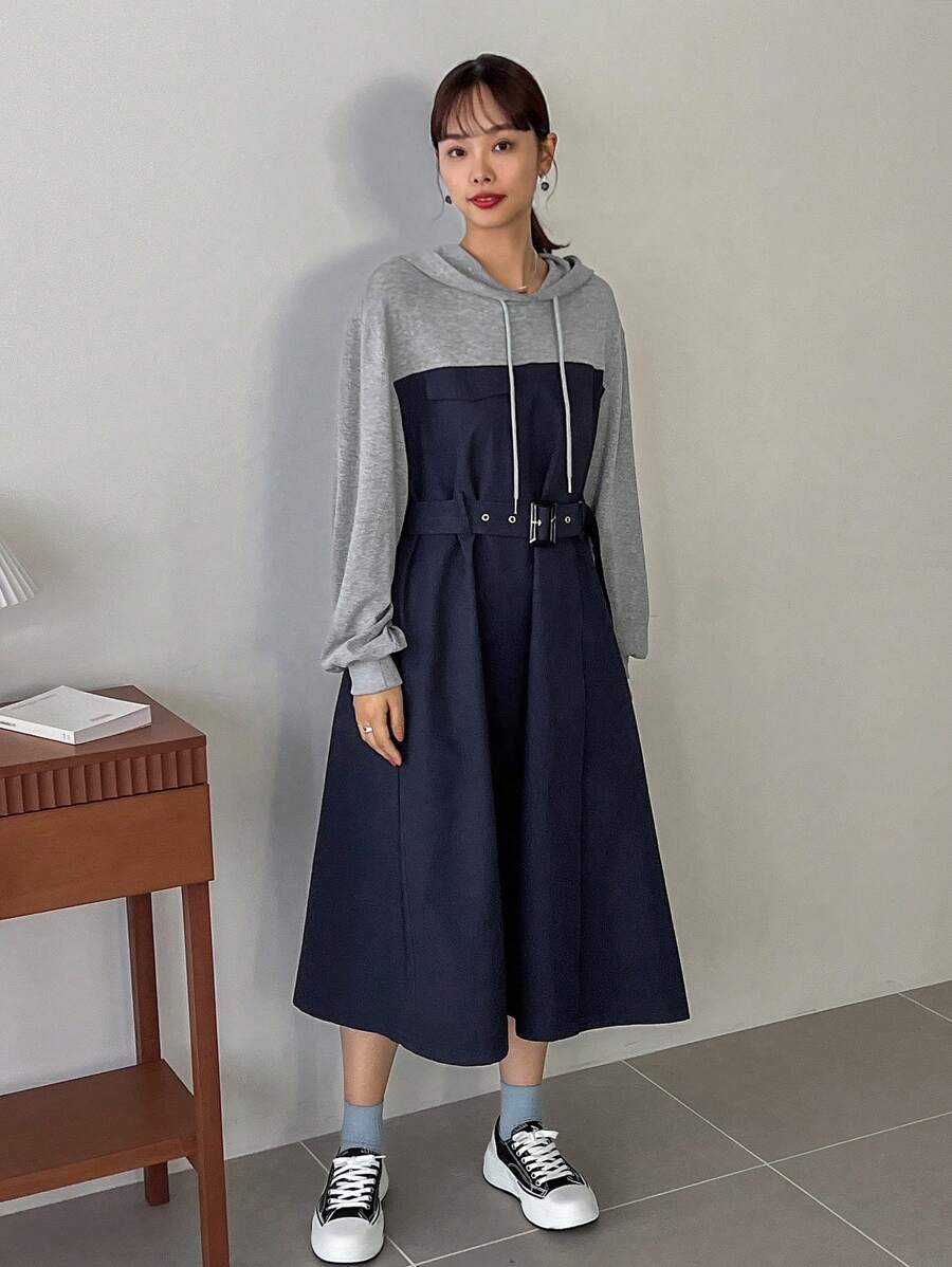 FRIFUL 女式拼色连帽运动衫连衣裙（带抽绳）秋季服装 - 藏蓝色 - 查看 1
