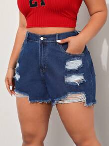 SHEIN EZwear Short En Jean Déchiré Effiloché Grande Taille Pour Femme