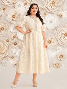 Modelyn Plus Size V-Neck Puff Sleeve Jacquard Dress Long Evening Dresses - Apricot - View 7