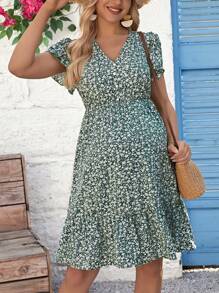 SHEIN Robe De Maternité À Imprimé Floral Avec Ourlet Volanté