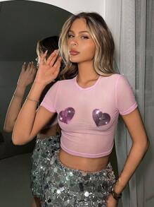 SHEIN ICON 網紗透視心形裝飾閃亮女士上衣 - 淺粉色 - 查看 1