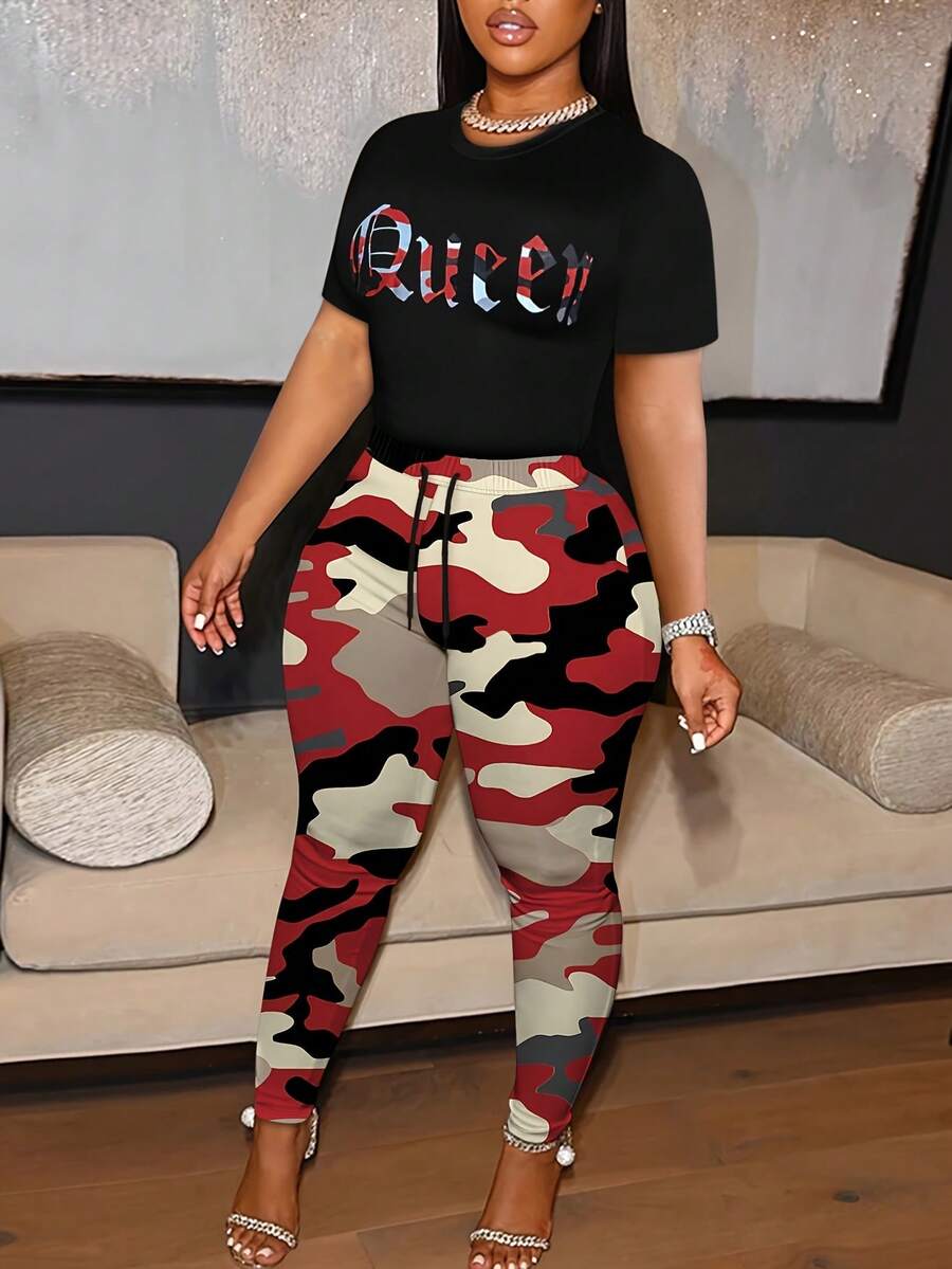 LovelyWholesale Set di maglietta a maniche corte con collo rotondo e stampa della scritta "Queen" e pantaloni casual a cordoncino mimetici, per uso quotidiano, da donna, adatto per primavera/estate