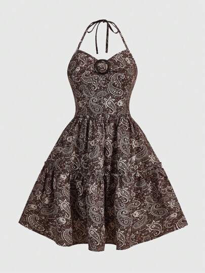 Isa Taval فستان نسائي بنمط بيزلي هالتر هيبي