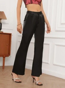 GENKIRA Women's Solid Color Flared Suit Pants With Pockets - Black - View 3