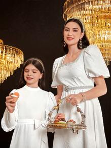 SHEIN Leap Crew Tween Girls Cute Vacation V-Neck Balloon Sleeve One-Piece Jumpsuit - White - View 4