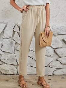 EMERY ROSE Lange Hose Für Frauen Mit Schnürung An Der Taille Und Spitzeneinsatz An Der Seitenschnalle - Khaki - Übersicht 6