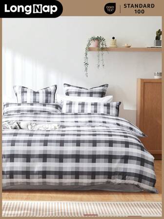LongNap™ 3pcs 95GSM Thicker Premium Gingham Preppy Style Duvet Cover Bedding Set, Crisp Feeling & Breathable For Hot Sleepers, Perfect For Bedroom Dorm, Duvet Cover With Buttons & 8 Coner Ties*1, Pillowcase*1/2, Black
