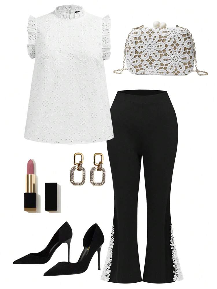 Plus Size Women's Stand Collar Shirt With Frill Trim