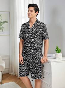 Men's Casual Floral Print Color-Block Short Sleeve Top And Shorts Homewear Set
