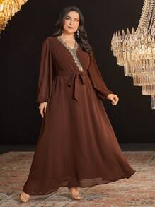 Modelyn Đầm dạ hội dài tay cổ chữ V tay đèn lồng cỡ lớn, váy dạ hội thanh lịch, váy dạ hội dài - Cà phê nâu - Xem 8