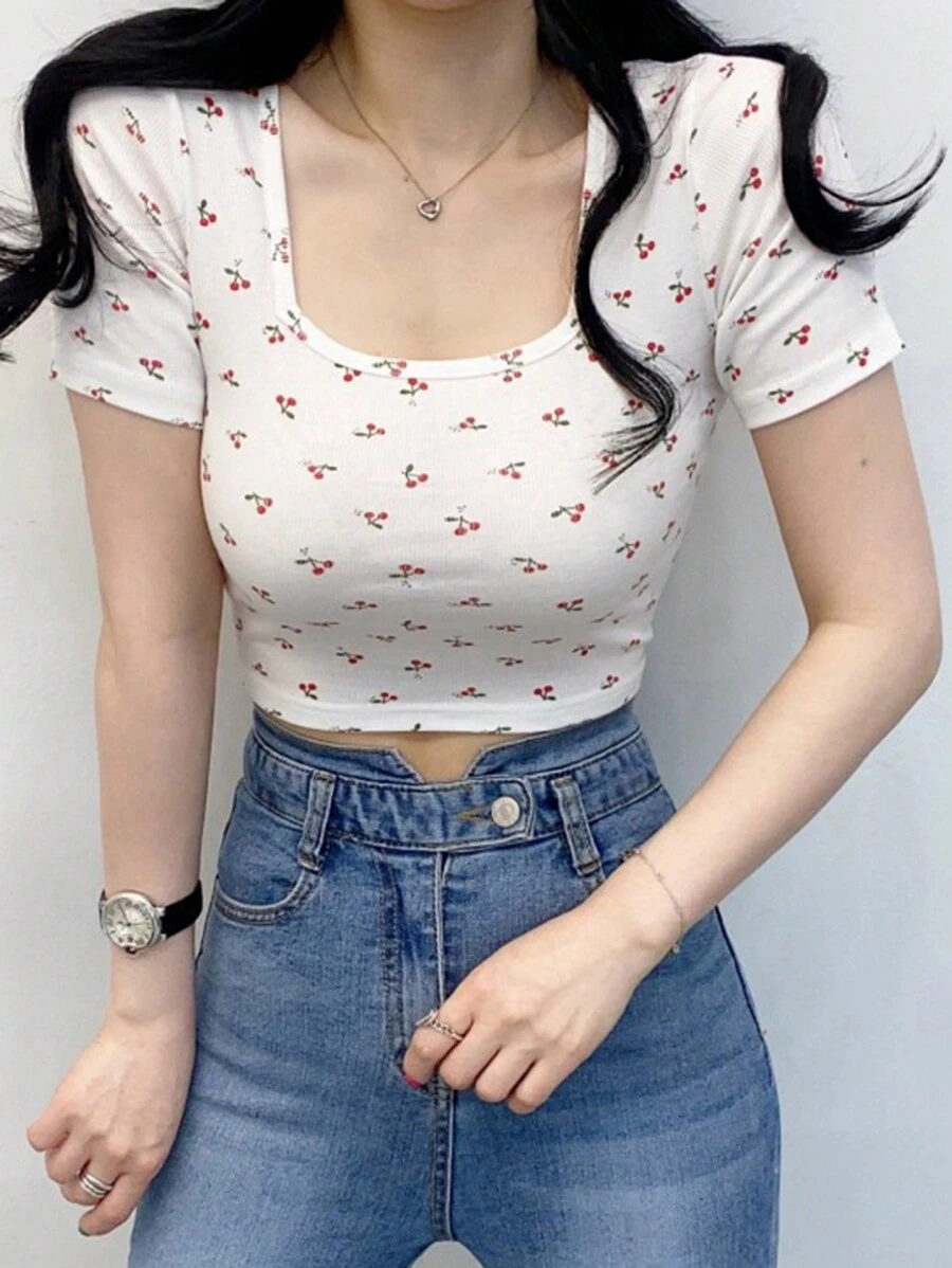 DAZY 女櫻桃印花短方領 T 卹 - 白色 - 查看 1