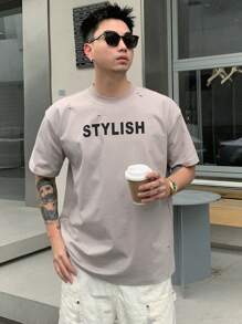 DAZY Men's Summer Tee With Letter Print - Grey - View 4