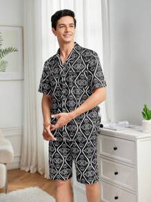 Men's Casual Floral Print Color-Block Short Sleeve Top And Shorts Homewear Set