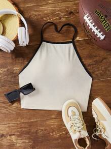 SHEIN EZwear Apricot Knitted Slim Fit Halter Top For Women - Apricot - View 5