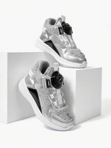 Fashionable And Comfortable Children's Sports Shoes With Rotating Buttons And Added Warmth - Silver - View 8
