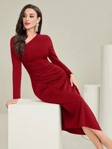 Modelyn 女士優雅純色腰部裝飾長裙 - 紅色 - 查看 3