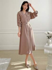 DAZY 女式前扣A字连衣裙，秋装长袖连衣裙 - 卡其色 - 查看 5