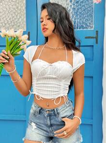 Soleia Camiseta 2 En 1 Con Dobladillo Anudado En La Parte Delantera Y Plisada - Blanco - Ver 5