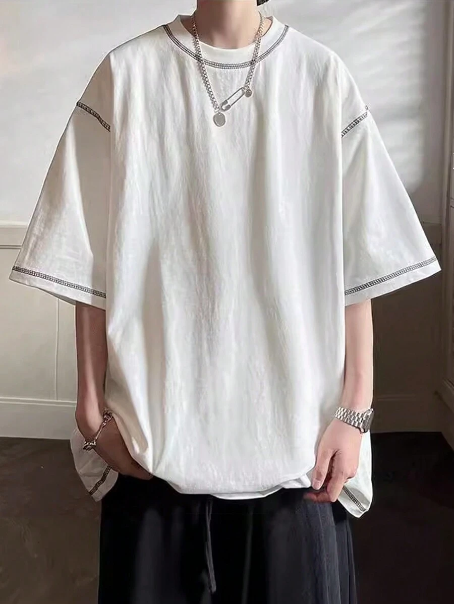 Claim Dot 男士撞色缝线圆领精美短袖 T 恤，韩版时尚，适合外出 - 白色 - 查看 1