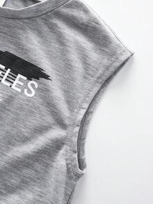 SHEIN 3 cái/bộ Chàng trai trẻ Giải trí Và Sành điệu Khối màu In thư Áo vest , Trắng Thoáng khí Áo thun , Và Quần short Với Thoải mái Và Lỏng lẻo Hàn Quốc Phong cách Cho mùa xuân Và Mùa hè - Xám - Xem 5