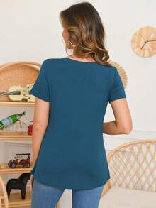 Maternity Summer Short Sleeve Solid Color Nursing T-Shirt - Blue - View 2
