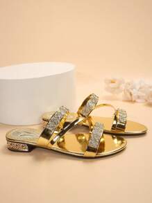 Women's Flat Summer Slippers With Rhinestones And Glitters, Two Wearing Styles Both As Outdoor & Indoor Shoes