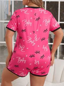 Plus Size Women's Letter Print Round Neck Front Buttoned Pajama Romper - Hot Pink - View 2