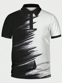 Manfinity Homme Men's Plus Size Color Block Short Sleeve Polo Shirt - Black and White - View 1