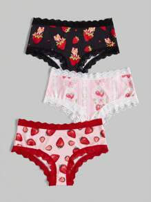 ROMWE Kawaii 3pcs/Set Strawberry Triangle Underwear Set