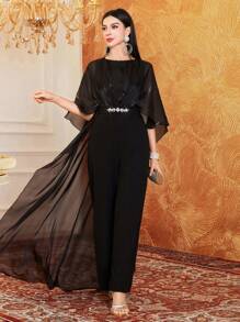 Modelyn Ladies' Solid Color Simple Mesh Jumpsuit - Black - View 8
