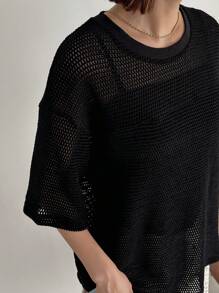 FRIFUL Ladies' Hollow Out & Drop Shoulder Top - Black - View 6