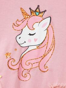 SHEIN Young Girl's Round Neck Short Sleeve T-Shirt With Animal Pattern & Mesh Fabric Hem