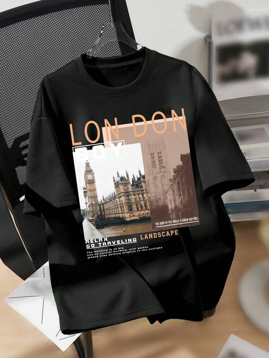 Teen Boy's Casual Scenery Pattern Short Sleeve T-Shirt, Perfect For Summer - Black - View 1