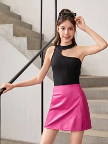 2pcs Teen Girls' Vest Top And Pink Pu Skirt