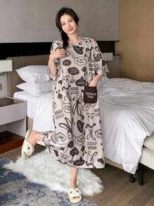 DAZY Women's Cute Cartoon Rabbit Pattern & Letter Print Pocket Design Loose Sleep Dress Summer, Moo Moo Sleep Dress Pajama - Beige - View 5