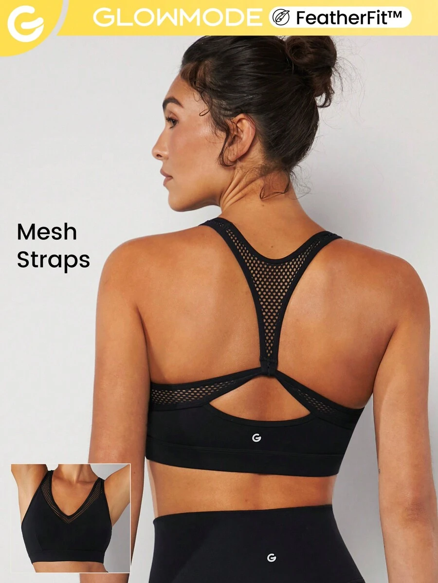 GLOWMODE Featherfit™網眼溜背運動內衣 - 黑色 - 查看 1