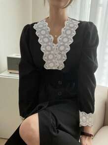 DAZY Đầm ôm body phối ren eo xếp ly cho nữ, Đầm thu tay dài - màu đen - Xem 6