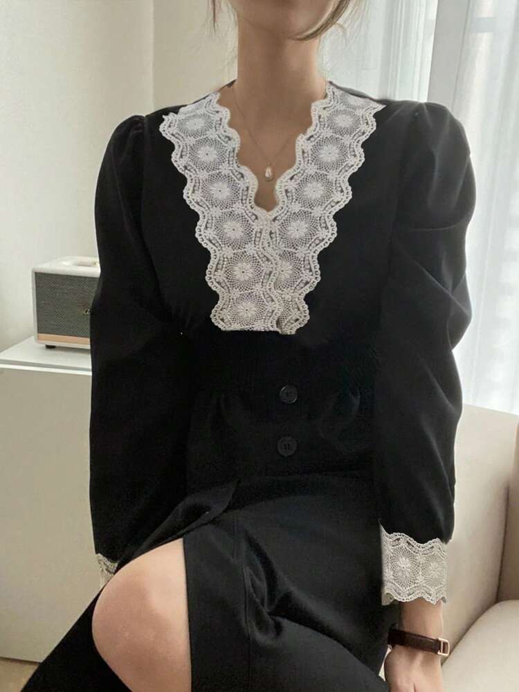 Women's Lace Splice Waist Cinching Bodycon Dress,Fall Dress Long Sleeve Dress