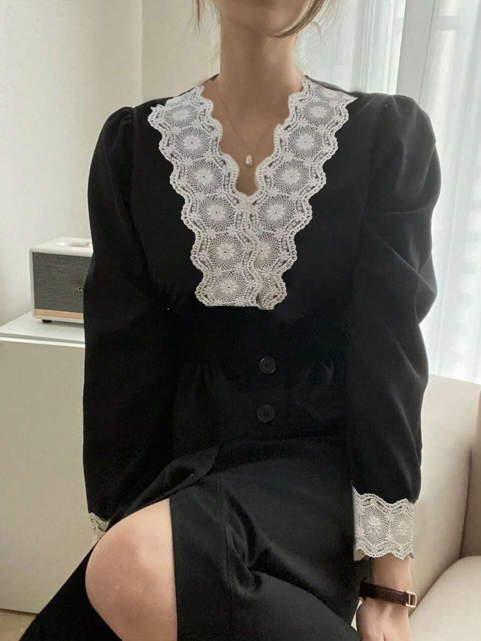 Women's Lace Splice Waist Cinching Bodycon Dress,Fall Dress Long Sleeve Dress