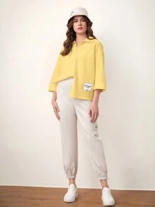 Mulvari Women's Patch Detail Drop Shoulder Blouse DEEP FEELINGS LOVE AND HOPE,Three Quarter Sleeve Tops - Yellow - View 4