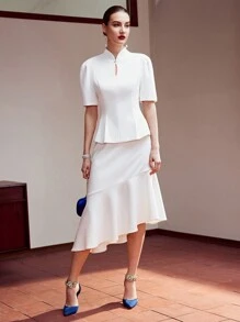 MOTF PREMIUM Dệt Của phụ nữ Cổ lỗ khóa Ống tay áo Áo sơ mi - trắng - Xem 8