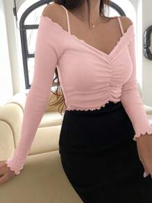 DAZY 女士紧身露肩T恤，荷叶边下摆，露肩长袖女式上衣，秋季女装可爱上衣 - 粉色 - 查看 4