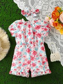 Mùa hè mới Áo liền quần ngắn tay in hoa thanh lịch dễ thương có dây đeo đầu cho bé gái - Nhiều màu - Xem 1