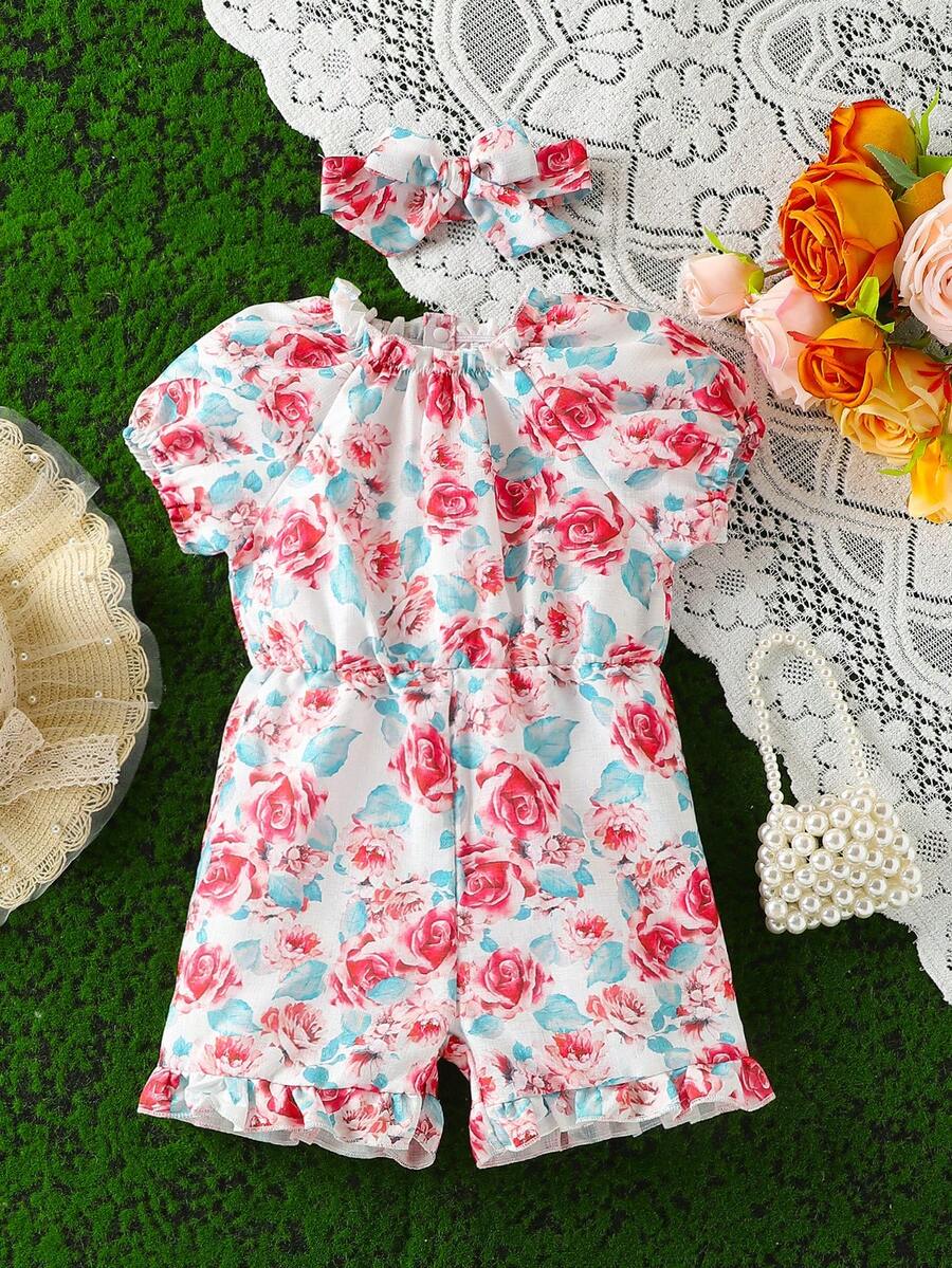 Mùa hè mới Áo liền quần ngắn tay in hoa thanh lịch dễ thương có dây đeo đầu cho bé gái - Nhiều màu - Xem 1