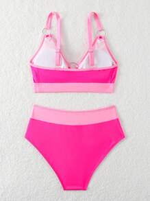 SHEIN Swim 女士兩件式比基尼套裝，配有環形細節和拼色設計，高腰泳裝套裝 - 粉色 - 查看 6