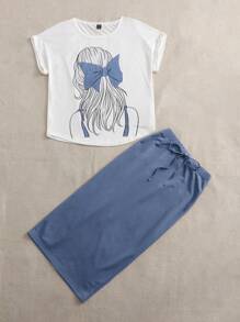 Mulvari Ensemble 2 pièces de t-shirt à col ras du cou et de jupe pour filles avec imprimé à l'arrière