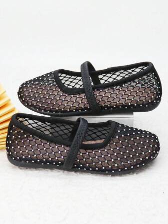 Tela De Malla Transpirable Negra, Con Patrón De Diamantes De Imitación Y Correa Elástica Aleatoria, Punta Redonda, Zapatos Planos Cómodos, Versátiles E Informales Para Niñas